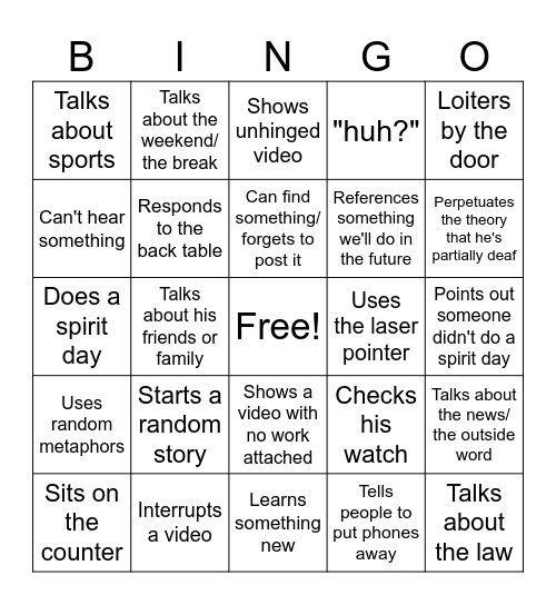 Mr. Ergang Madness Bingo Card