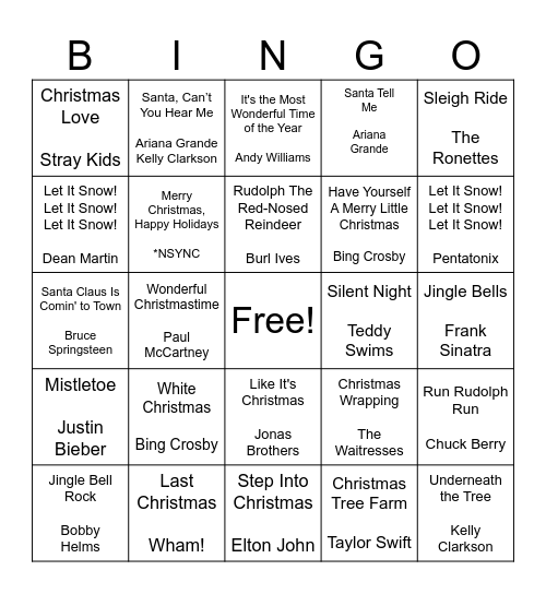 Holiday Music Bingo Card