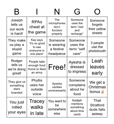 Holiday Lunch Bingo Card