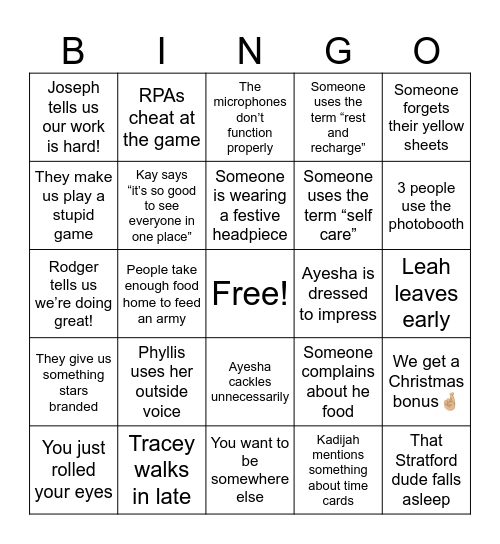 Holiday Lunch Bingo Card