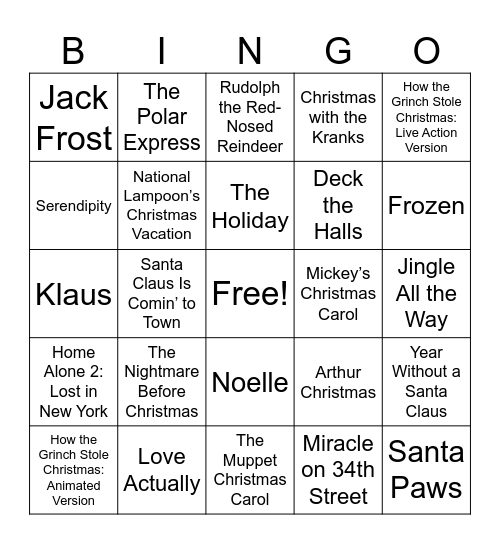 Christmas Movies Bingo Card