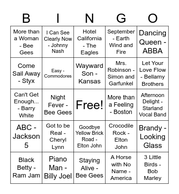 70's Hits Bingo Card
