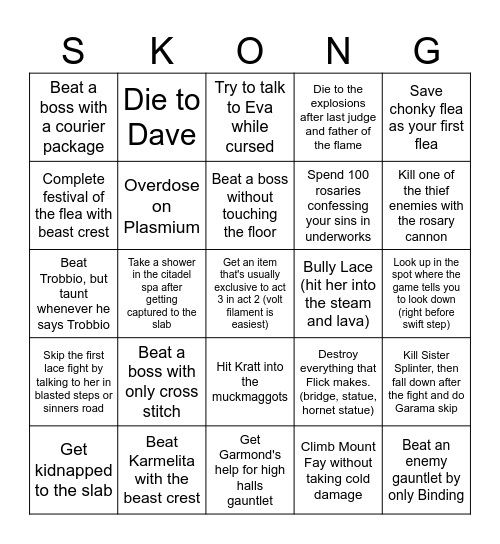 Silksong Bingo Card