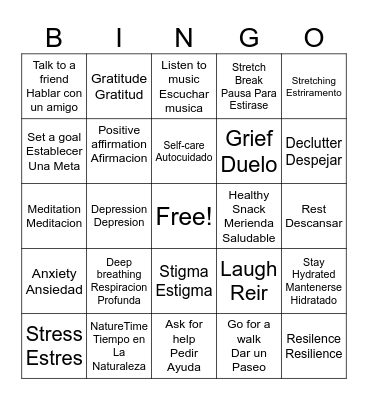 Mental Health Bingo/Bingo de salud mental Bingo Card