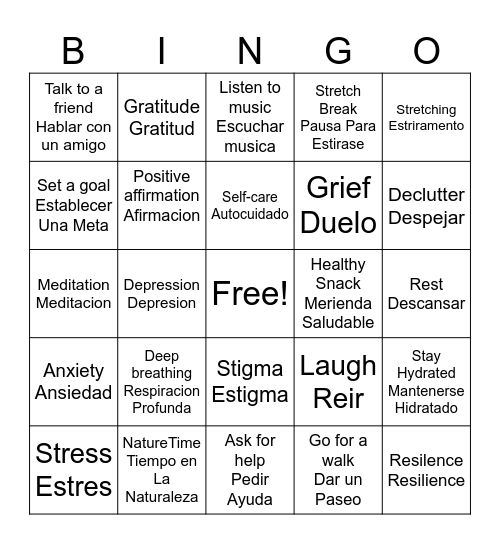 Mental Health Bingo/Bingo de salud mental Bingo Card