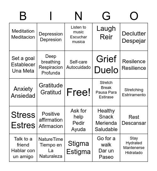 Mental Health Bingo/Bingo De Salud mental Bingo Card