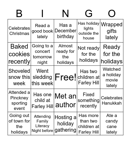 Family Literacy Night BINGO Card