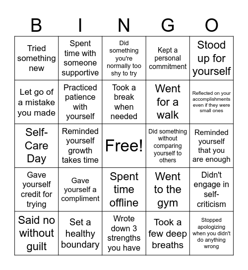 Self-Esteem Bingo! Bingo Card