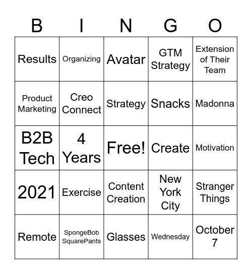 Creo Bingo Card