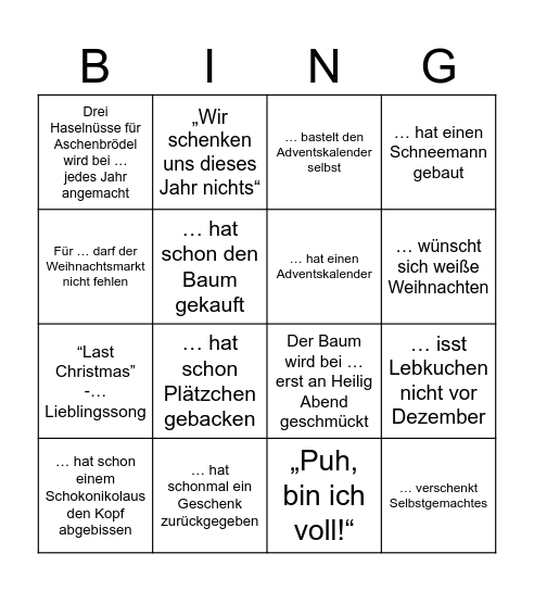 Weihnachts Bingo Card