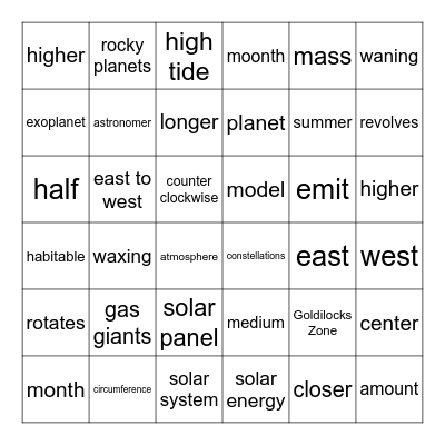Astronomy Bingo Card