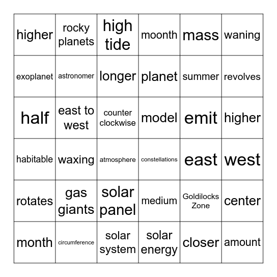 Astronomy Bingo Card