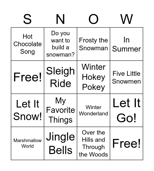 Winter Music Bingo Card