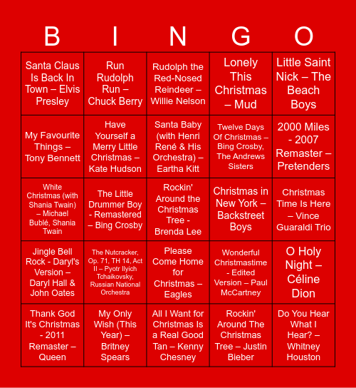 ITB Music BINGO - Holiday Favourites Bingo Card