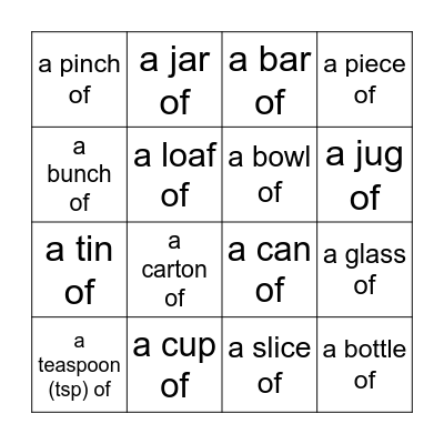 Food quantifier BINGO! Bingo Card