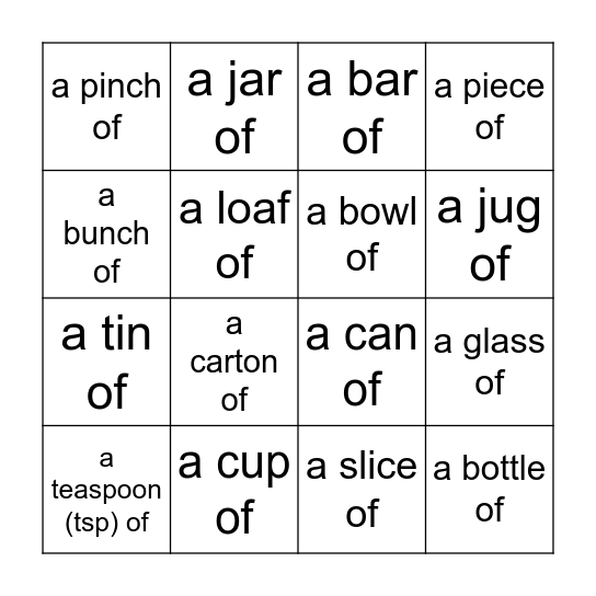 Food quantifier BINGO! Bingo Card
