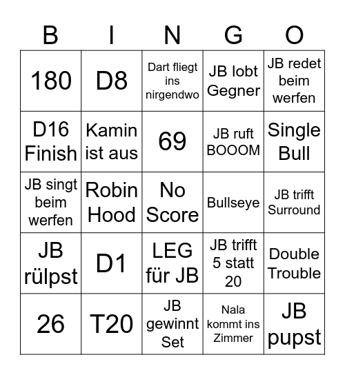 JBs Darts Bingo Card