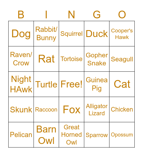 Animal Control Urban Critter Bingo Card