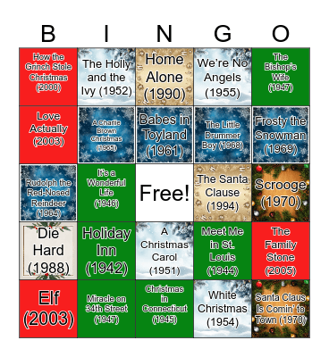 Holiday Movies Bingo Card
