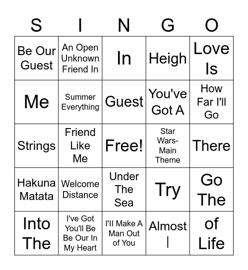 Disney Bingo Card