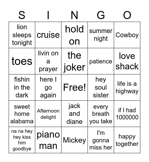 Sing along Bingo Card