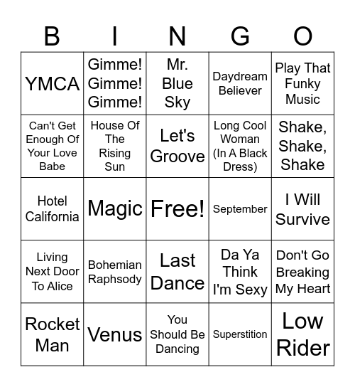 70's Hits Bingo Card