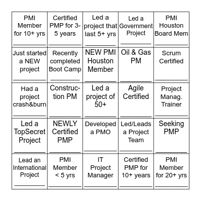 PMI Houston Galleria Bingo Card