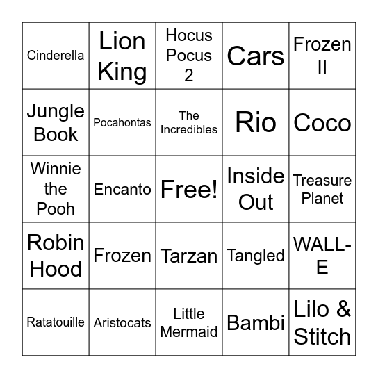 Disney Me Down Bingo Card