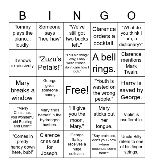 It's a Wonderful Life Bingo Card