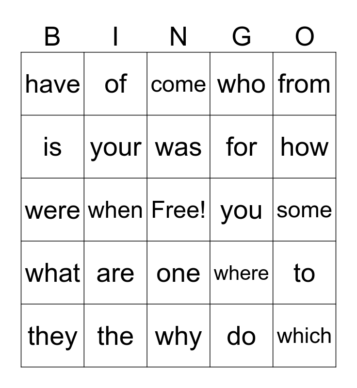 High Frequency Words Bingo Card