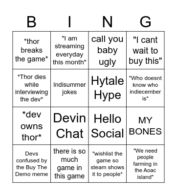 Indiecember thor Bingo Card