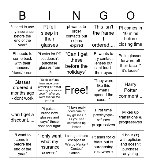 Optician Holiday Bingo Card