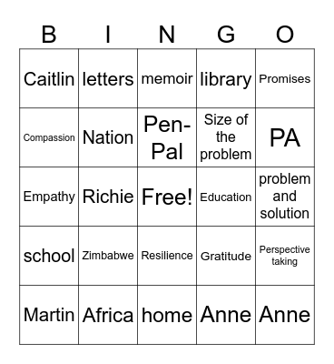 I Will Always Write Back Bingo Card