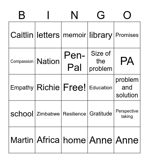 I Will Always Write Back Bingo Card
