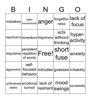 ADHD Signs & Symptoms Bingo Card