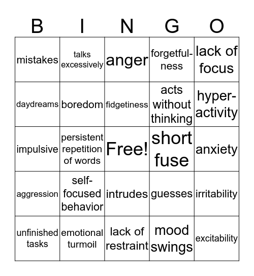 ADHD Signs & Symptoms Bingo Card
