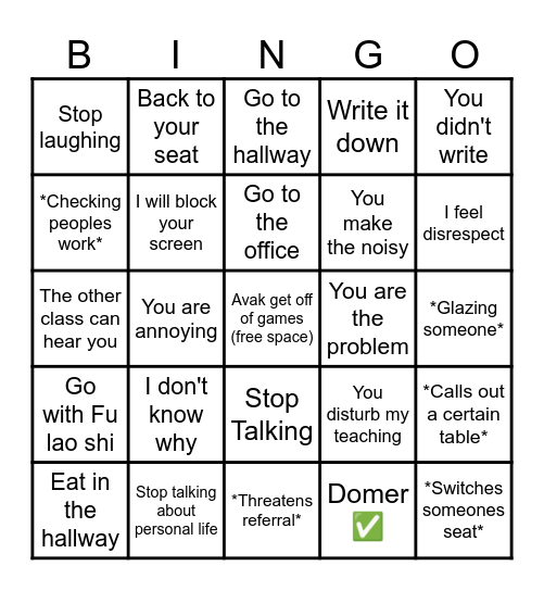 Chinese Class Bingo Card