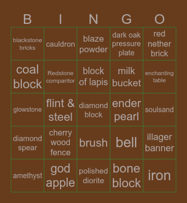 Minecraft Item bingo (1) Bingo Card