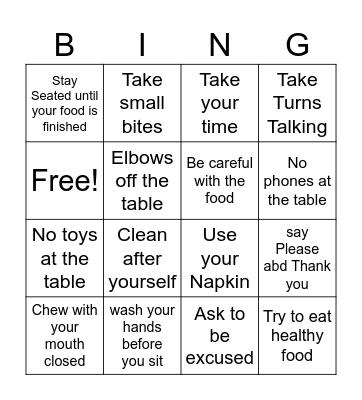 Eating rules Bingo Card