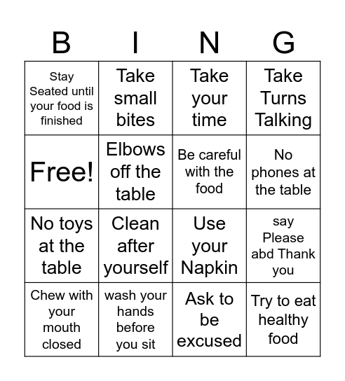 Eating rules Bingo Card