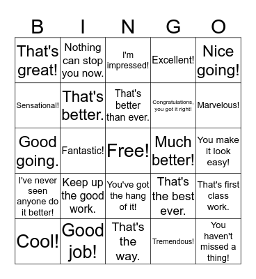 101 Ways to Say "Good Job" Bingo #2 Bingo Card