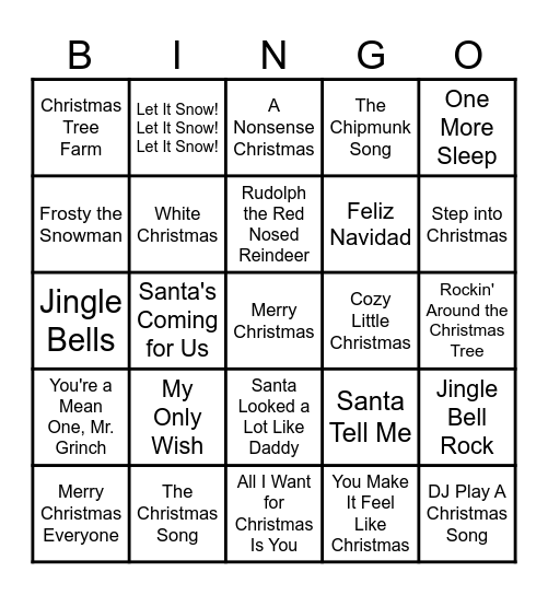 Holiday Music Bingo Card