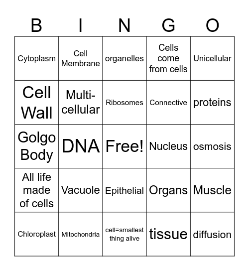 Cells 4 - cell theory & organelles Bingo Card