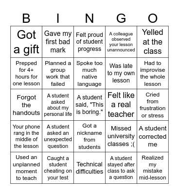 School Teaching Practice Bingo Card