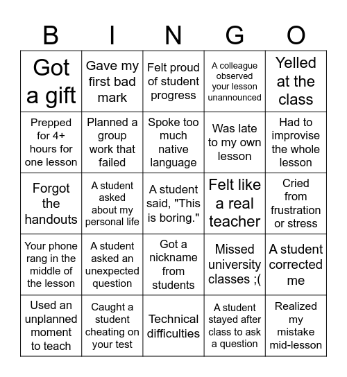 School Teaching Practice Bingo Card