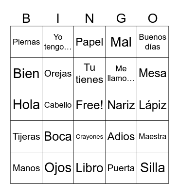 Spanish Vocab Bingo Card