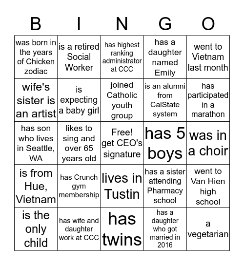 Find someone who fits in the description in the box and have the person print name legibly Bingo Card