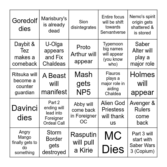 FGO End Speculation Bingo Card