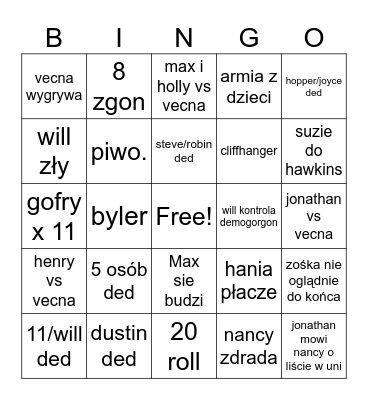 stranger things Bingo Card