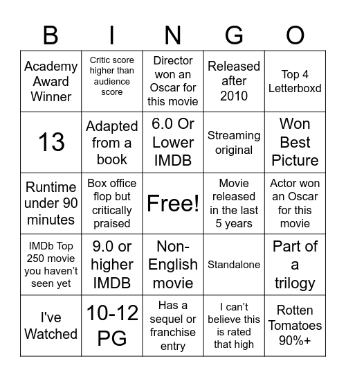movie bingo Card